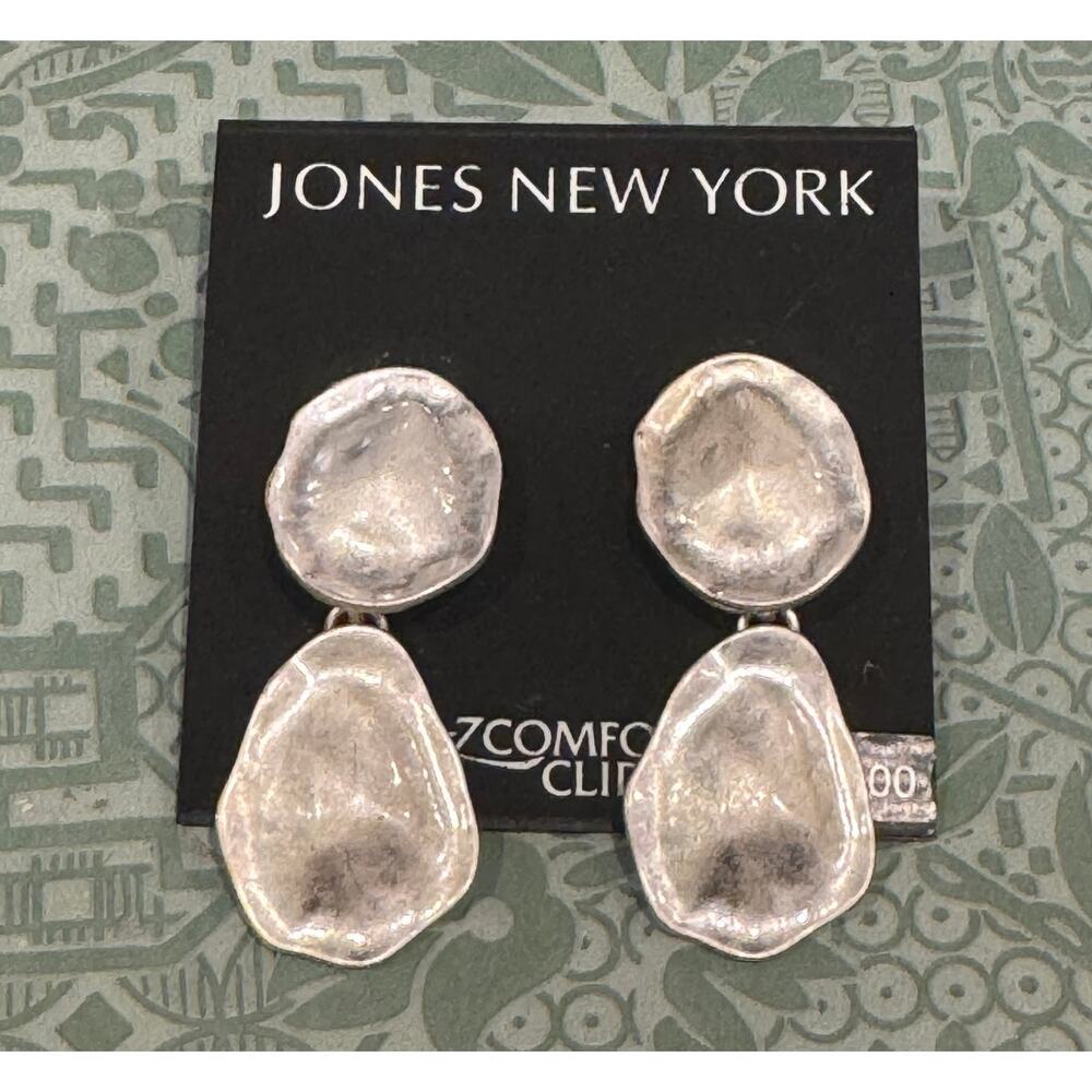 NEW Jones New York Silver Disc Drop Clip-On Statement Modernist Earrings